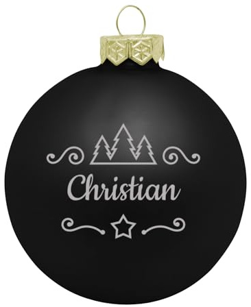 Deitert Weihnachtskugel mit Namen oder Wunschtext graviert, Ø 8cm, personalisierte Christbaumkugel aus Glas (matt), individueller Weihnachtsbaumschmuck mit Gravur, Tannen-Motiv, Schwarz