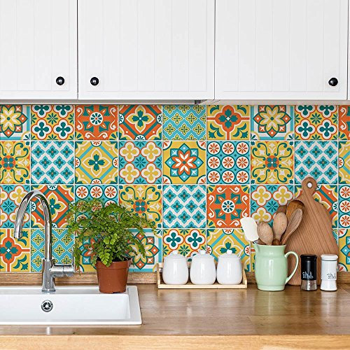 RE-COVERTILES - Fliesenaufkleber Badezimmer und Küche 24 Stck 10x10 cm - PS00189 PVC-Wanddekoration Wasserdicht Fliesen Mosaik Stil Azulejos-Zementfliesen