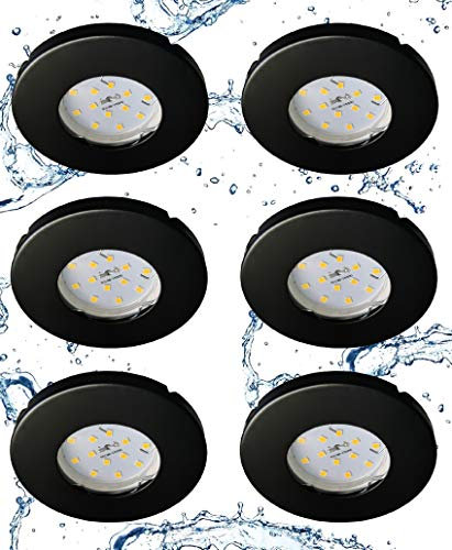 Trango 6er Set 6729IP-065-5WAK IP44 Einbaustrahler Schwarz matt inkl. 6x 5 Watt GU10 LED Leuchtmittel 3000K warmweiß & Fassung, Außen Einbauleuchte, Badleuchte, Deckenspot, Dusche Deckenstrahler