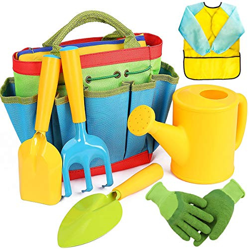 7 PCs Kids Gardening Set Tools Bag Watering Can Kids Gardening Gloves Trowel Rake Shovel Apron Kids Garden Tools for Boys Girls