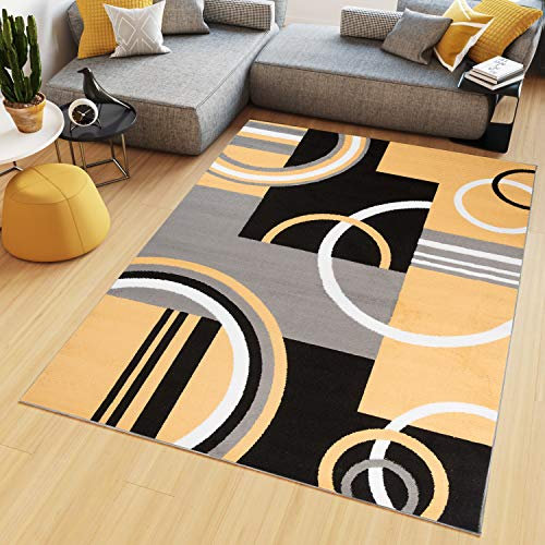 TAPISO Maya Kollektion Teppich Kurzflor Modern Vierecke Kreise Streifen Figuren Design Schwarz Gelb Grau Weiß Wohnzimmer Schlafzimmer Büro ÖKOTEX 200 x 250 cm
