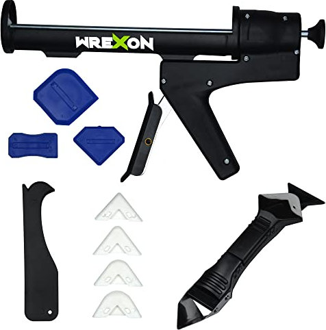 Kartuschenpresse 310 ml der Marke Wrexon mit einem Set zum Entfernen und Auftragen von Silikon.