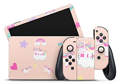 Skins4u Skin Design Folie kompatibel mit Nintendo Switch Konsole & Controller OLED Aufkleber Skins Wraps Decal Einhoerner-Peach