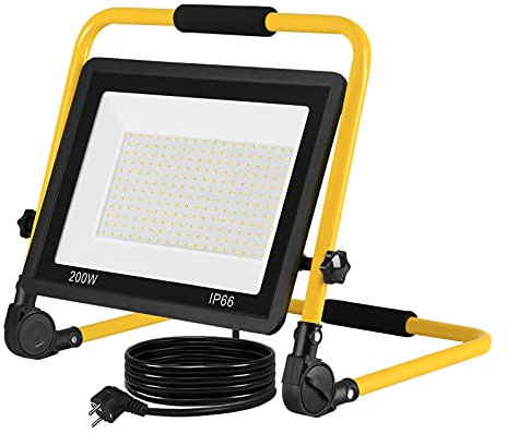 Aufun LED Baustrahler 200W, Baustellen Strahler Warmweiß Arbeitsscheinwerfer LED Fluter Floodlight mit 3M Kabel, Standgestell und Tragegriff, Wasserdichtes IP66 Flutlichtstrahler für Garten, Garage