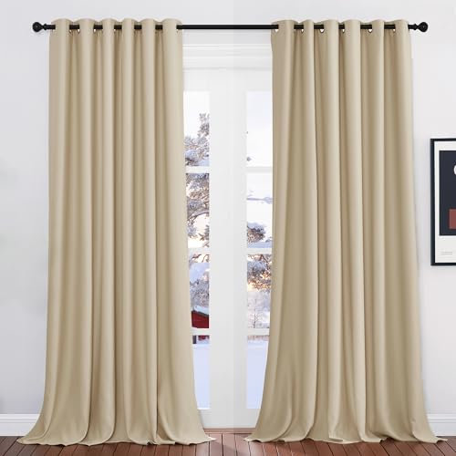 PONY DANCE Schlafzimmer Gardinen für Große Fenster 2er Set H 245 x B 200 cm Verdunklungsvorhänge Wärmeisolierend Übergardinen Wohnzimmer mit Ösen, Biscotti Beige
