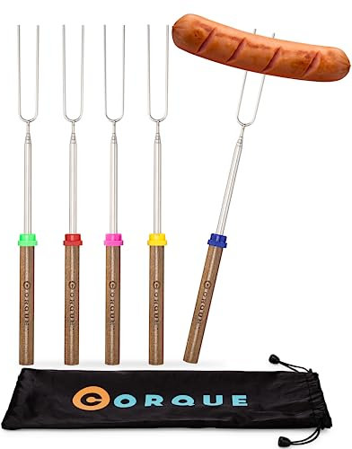 CORQUE Marshmallow Roasting Sticks, Smores Sticks, Extendable, Camping Skewer for Fire Pit, Wooden Handle, 32inch Metal for BBQ Hotdog, Cooking, Campfires, Bonfires, Set of 5
