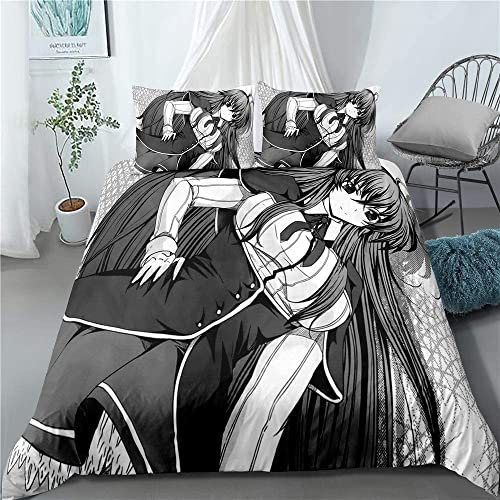 High School DxD Rias Gremory - Schwarz-Weiß-Comics Anime Bettwäsche-Sets Cartoon 3D-gedrucktes Polyestergewebe 1 Bettbezug + 2 Kissenbezüge (keine Bettdecke)