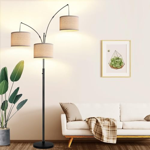 Dimbar golvlampa, 3 båglampor för vardagsrum 1 000 lm modern stående lampa 203 cm med beige lampskärm och tung bas, trädformad golvlampa