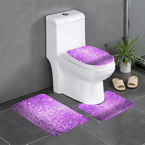 ODMP Funkelnder lila Glitzer Badezimmerteppich 3er Set mit U-förmigen Matte, rutschfest Super weich saugfähig Badteppich, maschinenwaschbar, Plüsch Badvorleger für Badezimmer, Badewanne, Dusche