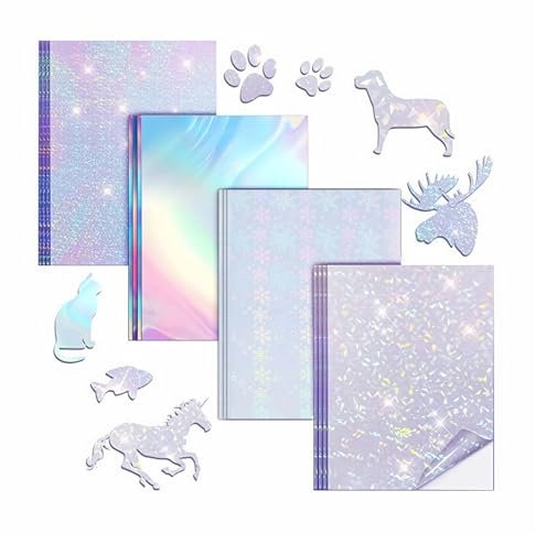 20 Hojas A4 Papel Adhesivo Holográfico, Arcoíris Pegatinas de Vinilo Imprimibles Holográficas, Transparente Película Autoadhesivo para Decoración (4 Diseños)