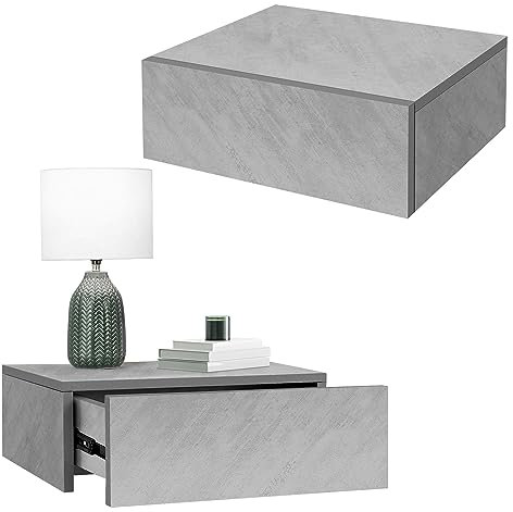 ML-Design 2er Set Nachttisch hängend mit 1 Schublade, Grau-Betonoptik, 46x30x15 cm, Holz, grifflos, Schwebender Nachtschrank, Wandmontage, Nachtkommode Wandregal Wandschrank Nachtkonsole Wandboard
