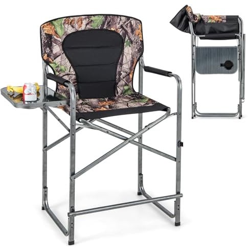 COSTWAY Campingstuhl faltbar, hoher Klappstuhl mit Seitentisch, Abnehmbarer Fußstütze, Becherhalter, Faltstuhl Regiestuhl Angelstuhl für Jagd, Angeln, Camping, Tragfähigkeit 150 kg