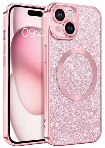 GaoBao for iPhone 15 Case Magnetic, iPhone 15 Phone Case Glitter [Compatible with MagSafe] Slim Thin Magnetic Plating Sparkle Soft TPU Shockproof Protective Phone Cover for iPhone 15 6.1,Glitter Pink
