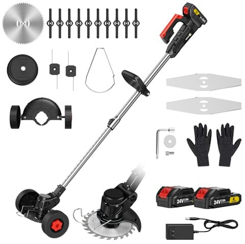Conentool 24V Cordless Grass Strimmer - Foldable Design Trimmers with 2 * 2000mAh Batteries and 15 Blades, Light Weight/Quick Charging/ 4 Types Blades/Auxiliary Wheel CS-002