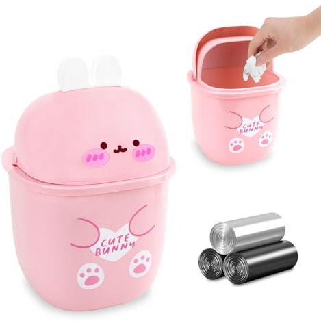 QLFJ-FurDec Tischabfalleimer Klein, Kawaii Mini Desktop Mülleimer mit 3 Rollen Müllsäcke, Cartoon Rosa Kaninchen Tischmülleimer mit Deckel 16.4 * 16.4 * 25cm, Cute mülleimer für Den Waschtisch(Pink)