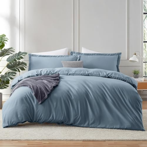 Hearth & Harbor Stone Blue Duvet Cover Queen Size - 3 Piece Queen Duvet Cover Set, Soft Double Brushed Queen Size Duvet Covers with Button Closure, 1 Duvet Cover 90x90 inches and 2 Pillow Shams