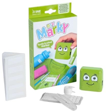 MARKY C166667 - Stempel Set in Grün, mit schwarzer Tinte zum Beschriften verschiedener Gegenstände und Kleidung, inkl. austauschbarer Zeichen, einer Pinzette und Sticker