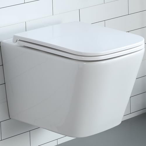 HOROW Rimless Wall Hung Toilet Modern Bathroom Toilet with Seat, Ceramic White Close Coupled WC Soft Closing Seat Short Projection, Quick Release Easy Clean WC, 34 x 50.5 x 36 cm (WxDxH)