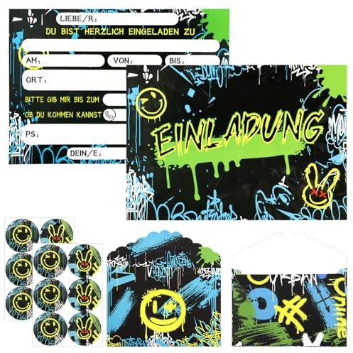 12× Graffiti Einladungskarten, Einladungskarten Kindergeburtstag Junge Mädchen mit Aufkleber und Umschläge, Neon Einladungskarten, Einladungskarten für Kindergeburtstag & Party