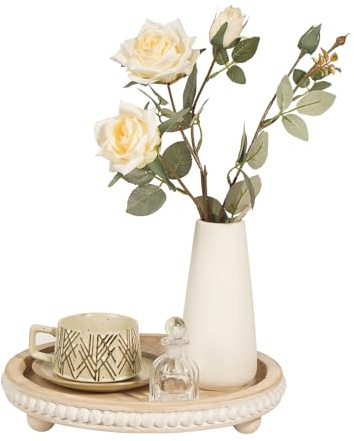 Nacidooka Decorative Coffee Table Tray, Round Wooden Tray Decor Log Beaded Distressed Rustic Farmhouse Centerpiece for Living Room Entryway Kitchen Counter Candle Holder Home Organizer