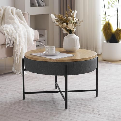 Redd Royal 57CM Round Grey Coffee Table Living Room End Table with Storage, Modern Sofa Tea Table Wood Top with Black Metal Legs for Home Office Waiting Reception Room