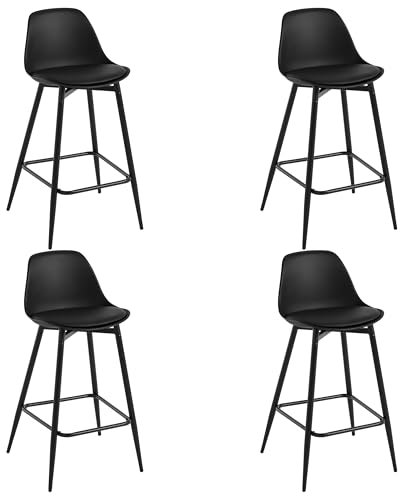 Klihome Lot de 4 Tabourets Bar, Tabourets de Bar pour Petit-Déjeuner, Tabourets de Cuisine avec Dossier, Siège Rembourré en PP et Cadre en Métal avec Repose-Pieds, Noir, K0001BH-4