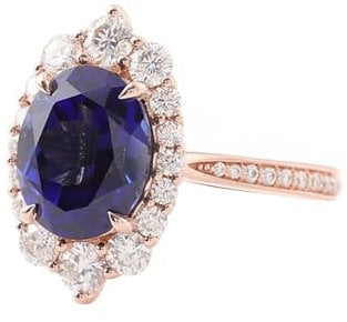 Art Deco Ring, Sapphire Wedding Ring 9K Rose Gold Size S 1/2 Dark Blue Oval Sapphire White Halo for Women Wedding Promise Rings Aesthetic