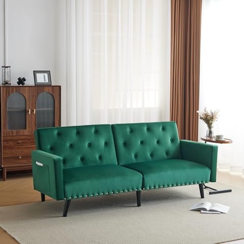 Merax 3-Seater Sofa Bed (L:191cm) Adjustable Sofa Bed with Storage Pockets,Modern Nailhead-Trim & Button-tufted Recliner Couch for Living Room/Guest Room/Bedroom/Office,Removable Armrests,Green Velvet