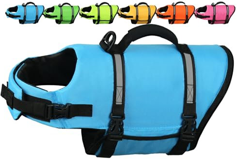 AMZNOVA Rip Stop Hundeschwimmweste, Schwimmweste Hund für Bootfahren, Auftrieb & Schwimmhilfe, Rettungsweste, M, Blau