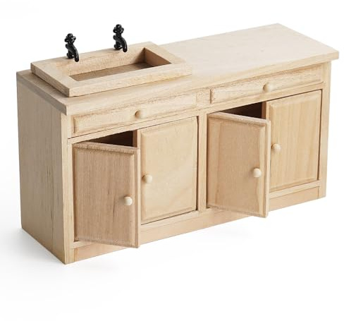 Odoria Puppenhaus Spüle Miniatur Schrank: 1/12 Maßstab Küchentheke mit Waschbecken für Vintage Restaurant Badezimmer Speisekammer Antik Retro - Mini Küche Möbel Unlackiert Holz DIY