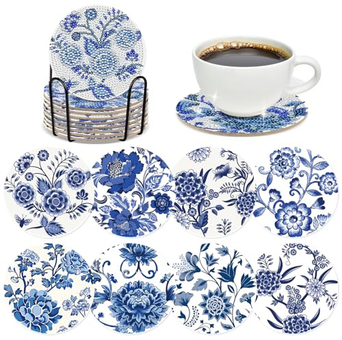 INCOK Blue Flower Diamond Art Coasters - 8 Pcs Diamond Painting Coasters Kits with Cork Base Home Table Decor DIY Crafts Party Supplies Mother's Day Birthday Gift for Adult Beginners