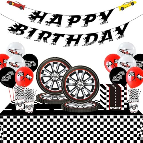 Racing Car Geburtstag Partygeschirr Set - Jungen Rennwagen Ballons Happy Birthday Banner, Kindergeburtstag Party Supplie mit Autos Pappteller Becher Servietten Papierstrohhalme Tischdecke für 10 Gäste