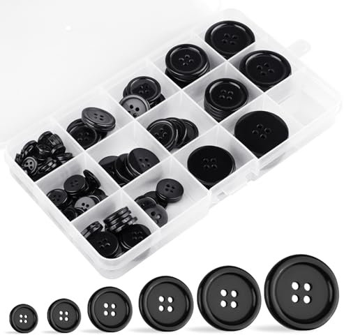 120 Stück Knöpfe Schwarz, 30/25/20/15/12.5/10mm Harz Knopf mit 4 Loch, Rund Knöpfe zum Annähen mit Aufbewahrungsbox, Buttons Gemischte für Kleider Mantel Hemd Kleidung Nähen Handwerk