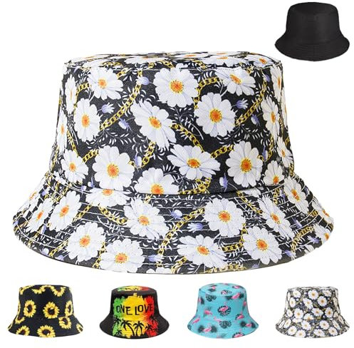AUNGCSHE Fischerhut, Sonnenhut Bucket Hat Damen Herren, Beideseitig Tragen Fischerhüte, Retro Outdoor-Anglerhut Faltbar Buschhut für Wandern Camping Urlaub(Kleine Blume)