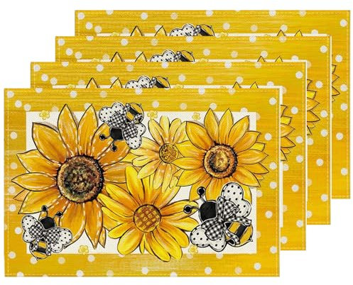 4 PCS Tischsets Abwaschbar Sonnenblume, 30 X 45 cm Platzdeckchen Stoff Blumen, Platzset Frühling Sommer, Tischset Stoff Blumen, Sommerparty-Tischdekoration, Festliche Küchendekoration