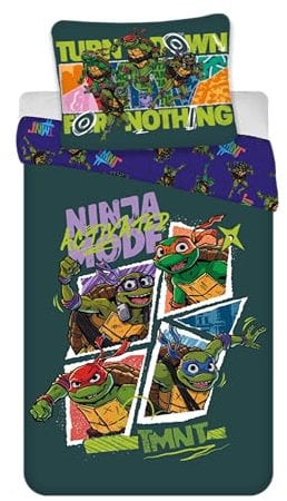 BrandMac TMNT Bettwäsche-Set für Kinderbett 100 x 135 cm + Kissenbezug 40 x 60 cm, 100 % Baumwolle, Teenage Mutant Ninja Turtles Bettwäsche für Kinder, wendbar, Junior-Bettwäsche-Set für Kleinkinder