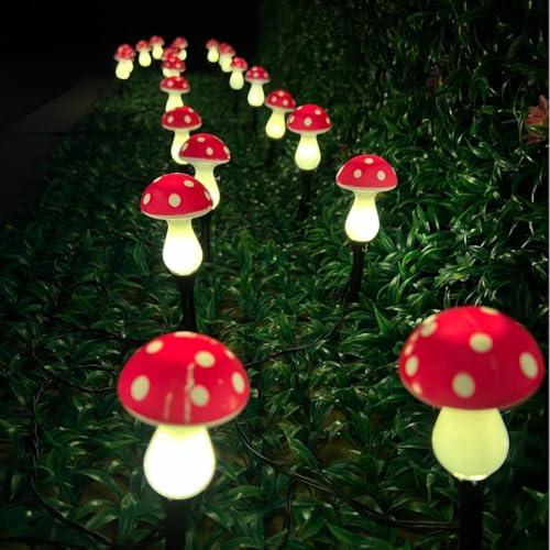 YZYOE 20-Pack LED Solar Boden Plug-in rote Farbe Mini Pilz Warme Lichter im Freien, Wasserdichte Solar Hof Dekoration Nettes kleines Pilz Licht, mit 8-Beleuchtungsmodi.