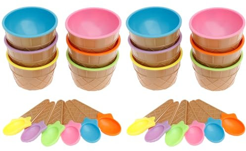 12 Pcs Reusable Plastic Ice Cream Bowl with Spoons Stackable Dessert Bowls Ice Cream Cup Set Kids Candy Color Salad Tubs Cute Dessert Container Holder for Fruit, Food, Family, Camping, Party(12 sets)