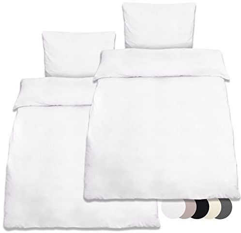 Beautissu 2er Set Renforcé Bettwäsche mit 2X Bettbezug & 2X Kopfkissenbezug | 155x220cm Kissenbezug 80x80cm Weiß 2teilige kühlende Sommerbettwäsche aus Baumwolle Renforce Julie