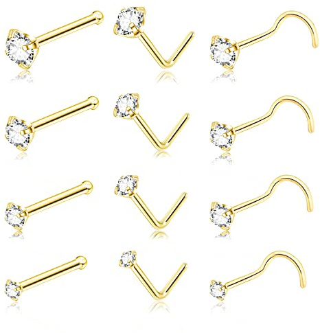 DAILI 8 Stück Nasenpiercing Titan Set, Hypoallergen Nasenring Gold Dünn Klein für Frauen Männer Screws L-förmiger Nasenstecker Mit Zirkonia Nasenstecker Silber Nostril Piercing