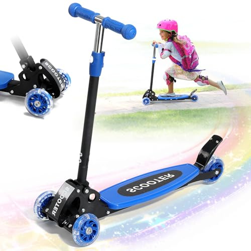 Kick Scooter for Kids 3-7 Age - Three Wheel Light Up Scooters, Lean to Steer,Foldable,Stable Dual Rear Wheels,Adjustable Height, for 3-5,5-7 Year Old Girls Boys Up to 120 Lbs