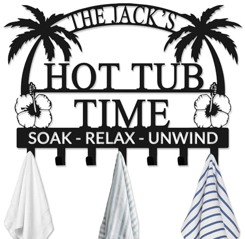 Jiolelores Custom Hot Tub Towel Rack Wall Mount Personalized Name Towel Hook Outdoor Towel Holder Organizer Hot Tub Accessories for Towels Robes Coat Swimsuit