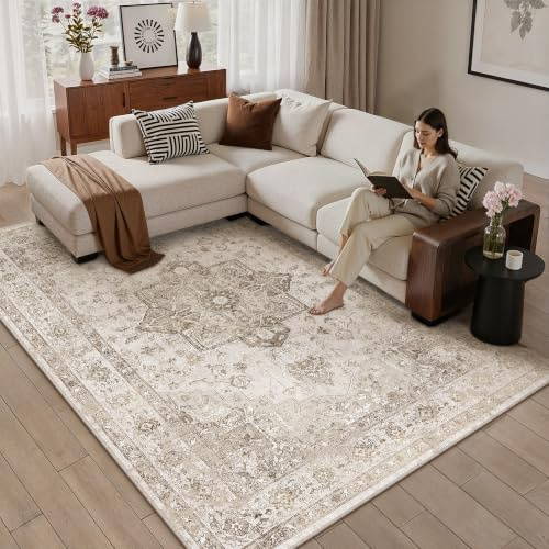 PureCozy Beige Vintage Teppich Wohnzimmer 140x200cm Waschbar | Waschbarer Teppich, Weich Rutschfest, Kurzflor im Retro, für wohnzimmerteppich Schlafzimmer Esszimmer, Groß Teppich