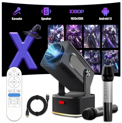 HCS350 KTV Mini Projecteur Video,Projection+Karaoké+Haut-parleur Videoprojecteur avec Télécommande Vocale Bluetooth/Microphone Rechargeable,1920*1080P Retroprojecteur,450 ANSI,Android 11,WiFi6+BT5.4