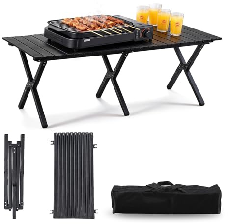 TAO ONE Roll-Up Camping Table Portable Low Folding Table for Outdoor -Black | Aluminum Picnic Metal Foldable Coffee Table for Travel Grill Sitting on The Floor Beach