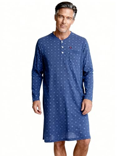 Henry Terre Herren Nachthemd Langarm Schlafshirt M-3XL Baumwolle Langarm-Shirt Sportliches Design mit Brusttasche Knopfleiste