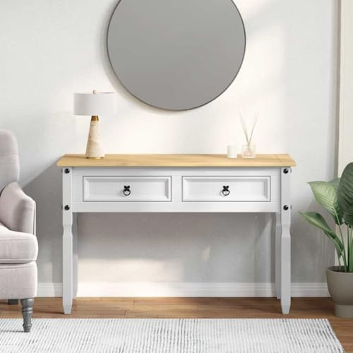 Mhdvray Table d'appoint blanche 115 x 46 x 73 cm en bois de pin massif, table console moderne étroite avec tiroir, table en bois robuste pour salon, couloir et chambre à coucher