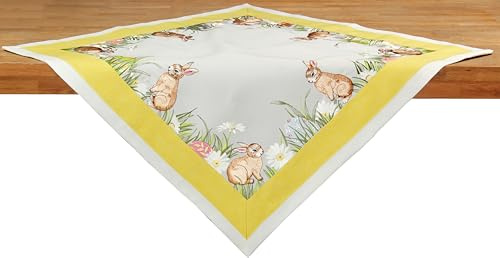 Oster Tischdecke Bestickt – Osterhasen und Ostereier Stickerei, Leinenoptik, Mitteldecke 85x85 cm Polyester, Braun - Gelb