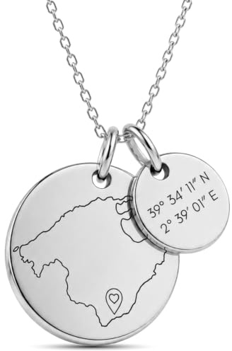 Personalisierte Kette Damen mit Gravur – Weltkarte Anhänger | Wunschland & Stecknadel, Koordinaten automatisch, Symbol & Wunschtext hinten, Geschenk Frau oder beste Freundin