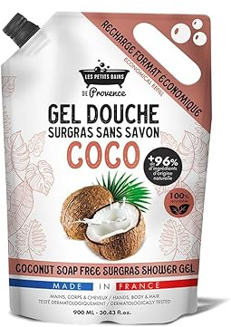Les Petits Bains de Provence Recharge Gel Douche Coco 900 ml | Surgras sans Savon, 96% Origine Naturelle, Mains Corps Cheveux, pH Neutre, Recharge Écologique, Fabriqué en France